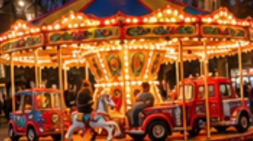 Colourful children's funfair rides lit up for Christmas