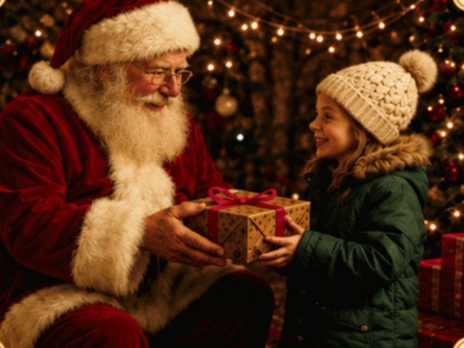 Festive illustration of Santa handing a child a present